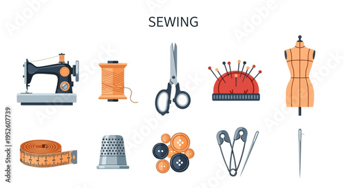 Sewing tools and equipment illustration set.
