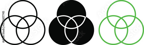 Three visual representations of venn diagrams with varying color and fill schemes