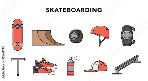 Skateboarding equipment and accessories collection.
