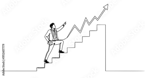 A minimalist line art illustration of a businessman climbing stairs with an upward arrow