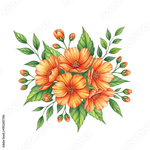 A bouquet of orange flowers with green leaves isolated on transparent background
