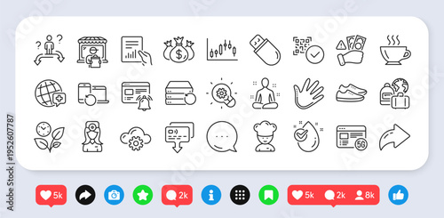 World medicine, Water drop and Recovery server line icons pack. Social media: share, comment, like icons. Delivery market, Card, Business choice web icon. Vector