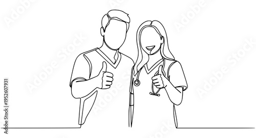 A minimalist line art illustration of a male and female doctor giving thumbs up