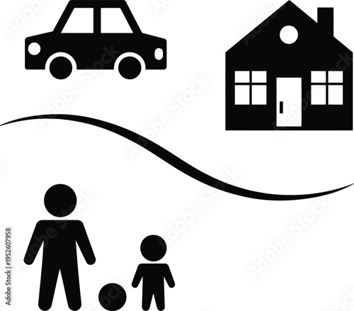 Family moving into a new home with a car and their pet