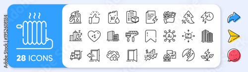 Paint roller, Rise price and Floor plan line icons. Interest rate, AI generate, Inflation icons. Pack of Charging time, Night city, Co2 icon. Vector