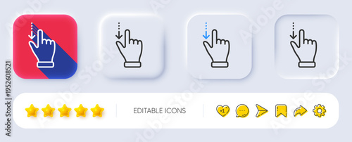 Touchscreen gesture line icon. Neumorphic, Flat shadow, 3d buttons. Slide down arrow sign. Swipe action symbol. Line touchscreen gesture icon. Social media icons. Vector