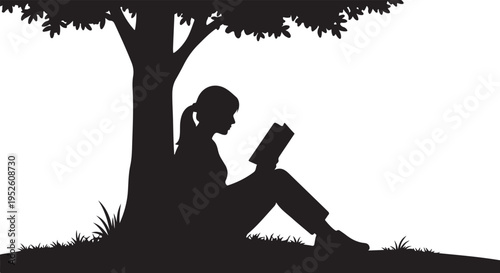 Silhouette of a girl reading under a tree outside