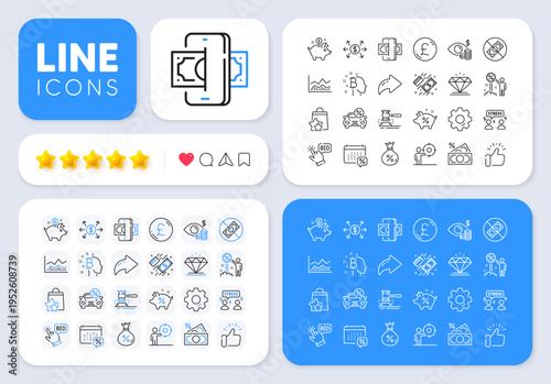 Trade infochart, Loan percent and Business vision line icons for web app. Message, Share, Like social media icons. Pack of Car leasing, Saving money, Loyalty points pictogram icons. Vector