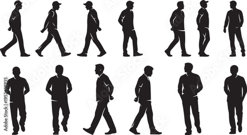 Silhouettes of businessmen walking in various poses and directions