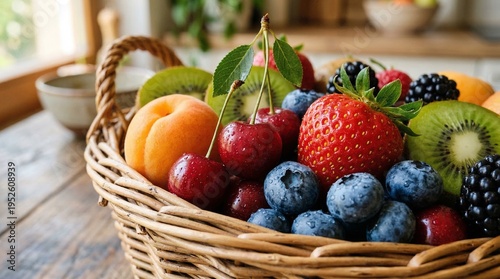 Assorted Fresh Fruits in Wicker Basket: Strawberries, Blueberries, Cherries, Kiwi, Apricot
