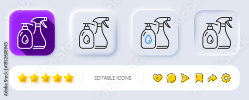 Cleaning liquids line icon. Neumorphic, Flat shadow, 3d buttons. Antiseptic spray sign. Washing symbol. Line cleaning liquids icon. Social media icons. Vector