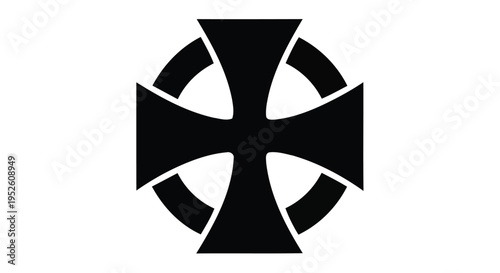 Black iron cross symbol centered on a stark white background geometric design