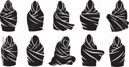 Set of black and white mummy wrapped figures illustrations