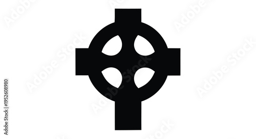 A black celtic cross symbol with circular center and four arms on white background