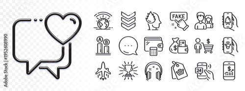 24h service, Plane and Sale tag line icons for web app. Glare of light effect. Message icon. Pack of Stress, Ab testing, Headphones pictogram icons. Mobile finance, Bell alert, Heart signs. Vector