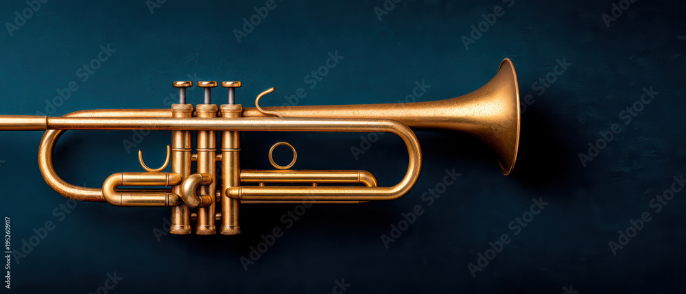 Fototapeta premium Brass trumpet instrument with three valves isolated on dark background, musical instrument close up with shiny metal surface and elegant design for jazz or classical music