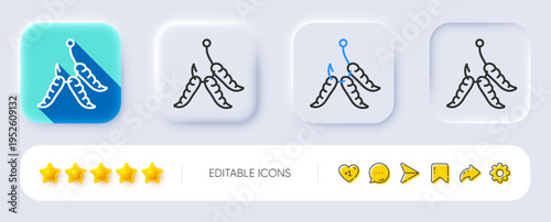 Maggots line icon. Neumorphic, Flat shadow, 3d buttons. Fishing hook with worms sign. Fishhook bait symbol. Line maggots icon. Social media icons. Vector