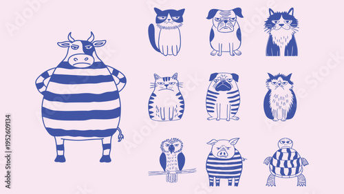 Set of grumpy cartoon animals doodle icons
