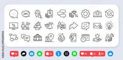Tax document, Teamwork and Notification cart line icons pack. Social media: share, comment, like icons. Inspect, 24h service, Hot loan web icon. Vector