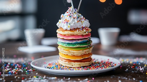 A towering stack of brightly colored rainbow pancakes generously topped with whipped cream and vibrant sprinkles sits ready to eat.
