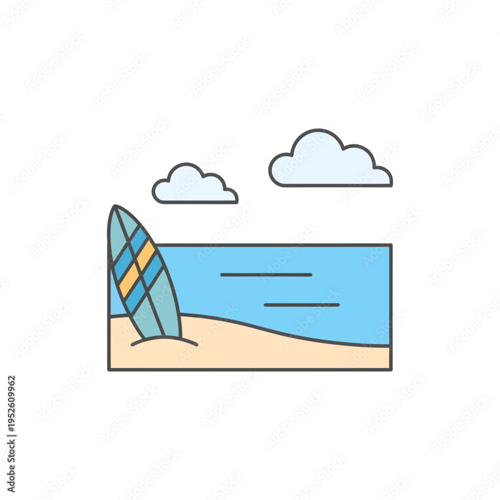 Obraz premium Surfboard on Beach with Ocean and Clouds Vector Icon