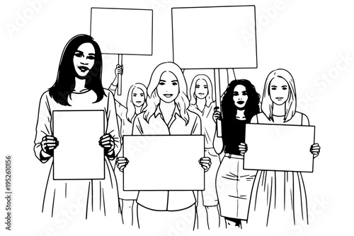 Diverse Women Holding Protest Signs Vector Illustration Multicultural Female Group
