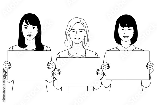 Group of Women with Blank Placards Vector Diverse Female Characters Social Awareness Campaign Illustration