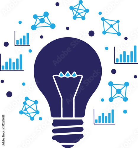 Silhouette light bulb with graphs and molecules isolated on transparent background
