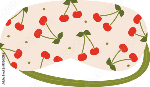 Cute sleeping mask with cherry pattern and green strap. Vector illustration of a comfortable eye mask for sleep, travel, and relaxation. Summer fruit print night accessory isolated on white