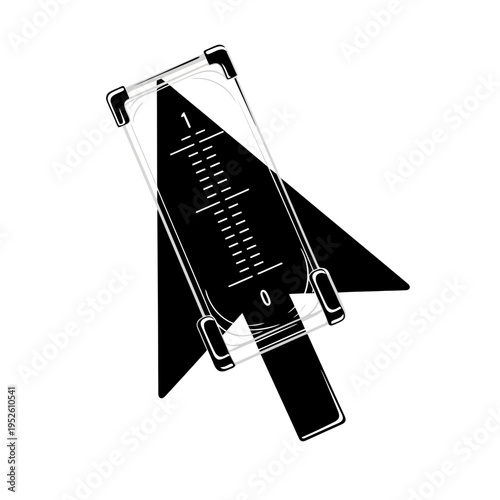 A black and white vector illustration of piano keys and a metal metronome tool isolated on a paper background as a music equipment symbol