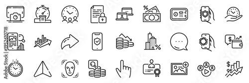 Meeting time, Safe box and Phone search line icons pack. Share, Message, Paper plane icons. Mortgage, Safe time, Wallet web icon. Rise price, Money loss, Growth chart pictogram. Vector