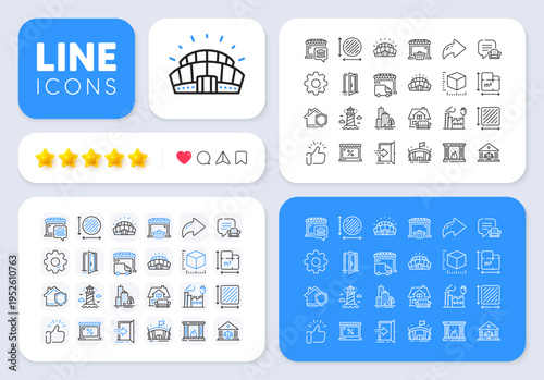 Sports stadium, Lighthouse and Open door line icons for web app. Message, Share, Like social media icons. Pack of Skyscraper buildings, Lounge place, Arena stadium pictogram icons. Vector