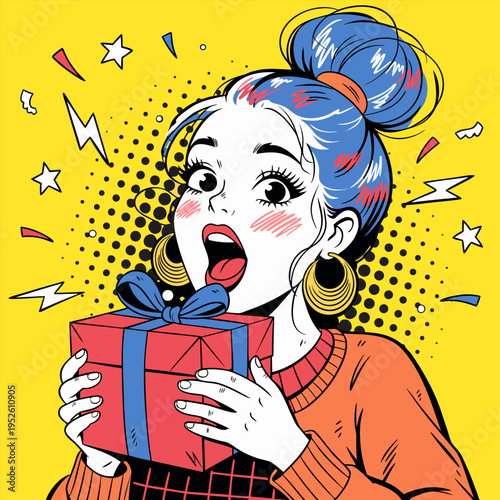 Surprised Young Woman Holding Wrapped Gift Box Pop Art Vector Illustration for E-commerce Promotions, Holiday Sales, Giveaway Announcements and Customer Rewards Branding