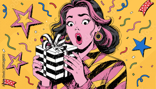 Surprised Young Woman Holding Wrapped Gift Box Pop Art Vector Illustration for E-commerce Promotions, Holiday Sales, Giveaway Announcements and Customer Rewards Branding