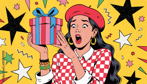 Surprised Young Woman Holding Wrapped Gift Box Pop Art Vector Illustration for E-commerce Promotions, Holiday Sales, Giveaway Announcements and Customer Rewards Branding
