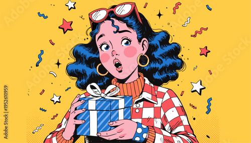Surprised Young Woman Holding Wrapped Gift Box Pop Art Vector Illustration for E-commerce Promotions, Holiday Sales, Giveaway Announcements and Customer Rewards Branding