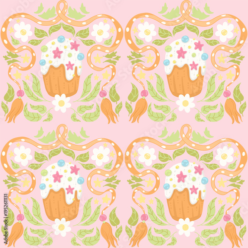Beautiful Easter vector pattern. Sweet festive cupcake on a pink background. Folk floral holiday boho motifs.