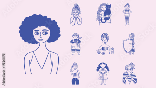 Modern female characters lifestyle doodle illustration set