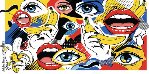 PrintPop Art Collage with Female Lips, Eyes, Hands Holding Bananas, and Comic Style Abstract Elements Colorful Retro Pop Culture Illustration
