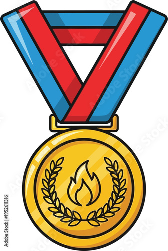 Gold medal featuring a flame icon encircled by laurel leaves hangs from a striped red and blue ribbon.