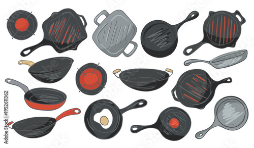 diverse cookware frying pans; grill pan; wok and saucepan Kitchen essentials stuff and cooking tools for culinary cookware utensil cartoon hand drawn illustration Culinary equipment