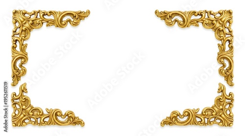 Antique decorative metal golden corners and frames isolated on white background