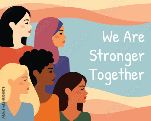 Five women stand side by side, united in spirit. Soft pastel waves frame their calm, supportive presence. Each woman has unique features, skin tones, and hair styles