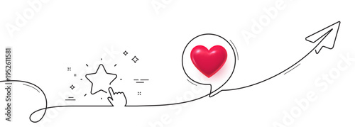 Ranking star line icon. Continuous line with share plane. Click rating sign. Best rank symbol. 3d heart in speech bubble. Ranking star single line ribbon. Loop curve pattern. Vector