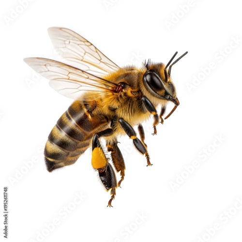 A bee in flight with its wings spread isolated on transparent background