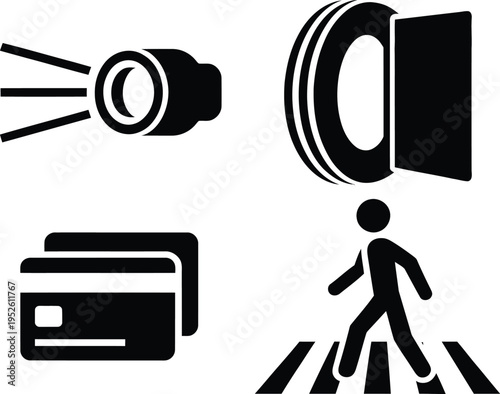 Icons representing surveillance, security, and pedestrian crossing