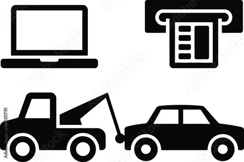 Tow truck assisting a car near financial and tech icons