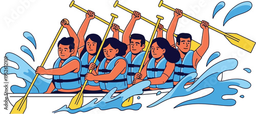 Six diverse individuals wearing blue life vests row a white dragon boat forward with strong synchronized paddle strokes in the water.