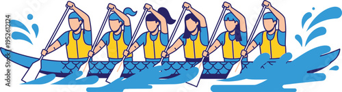 A team of six people wearing yellow life vests paddles intensely in a blue dragon boat creating significant water splashes.