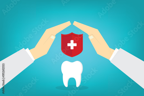 Dental insurance protection concept, tooth care shield with medical cross, dentist safety hygiene healthcare vector illustration, oral health protection, clinic dentistry symbol